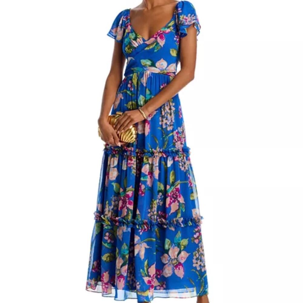 Aqua Blue Floral Chiffon Flutter Sleeve Tiered Maxi Dress NWT XL